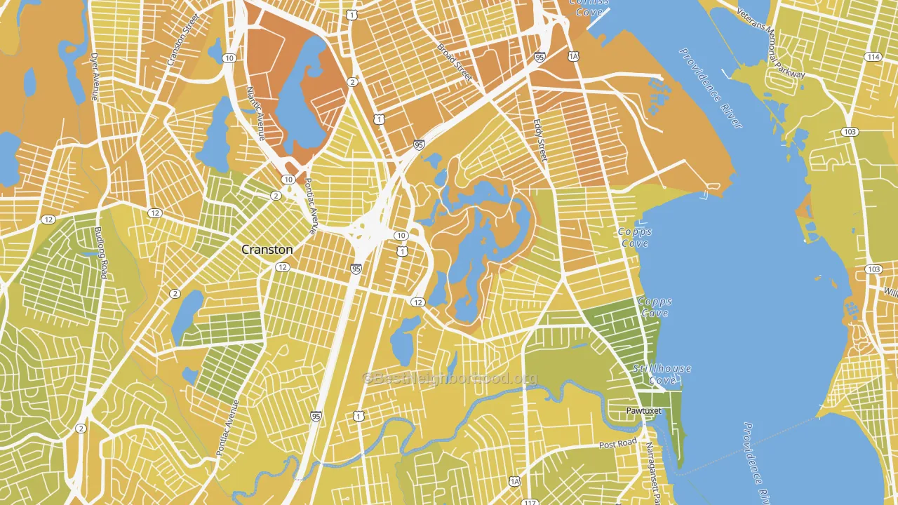 Map of the best neighborhoods in the South Elmwood, Providence area, with better matches in green and worse matches in red