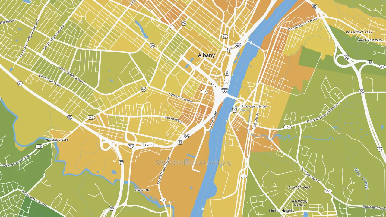 Map of the best neighborhoods in the South End, Albany area, with better matches in green and worse matches in red
