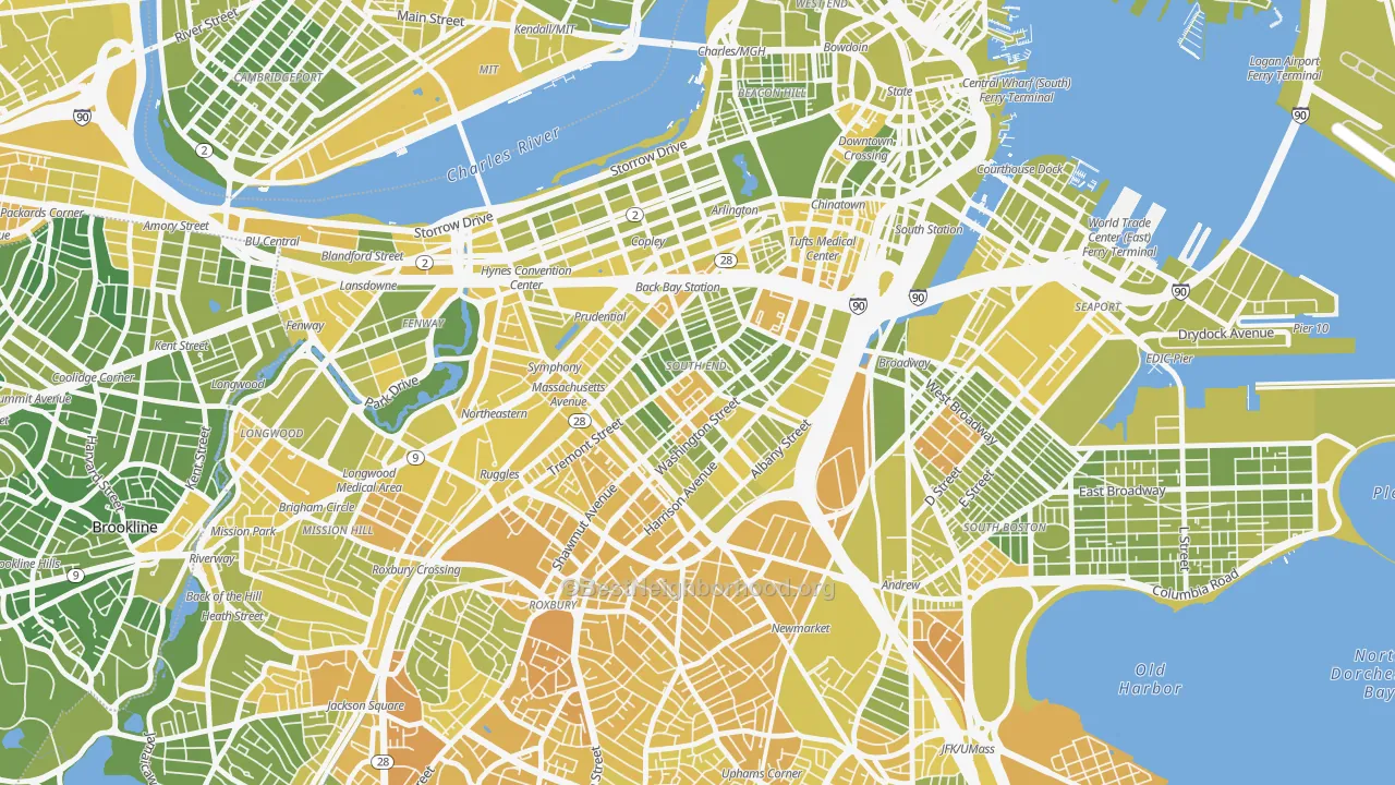Map of the best neighborhoods in the South End, Boston area, with better matches in green and worse matches in red