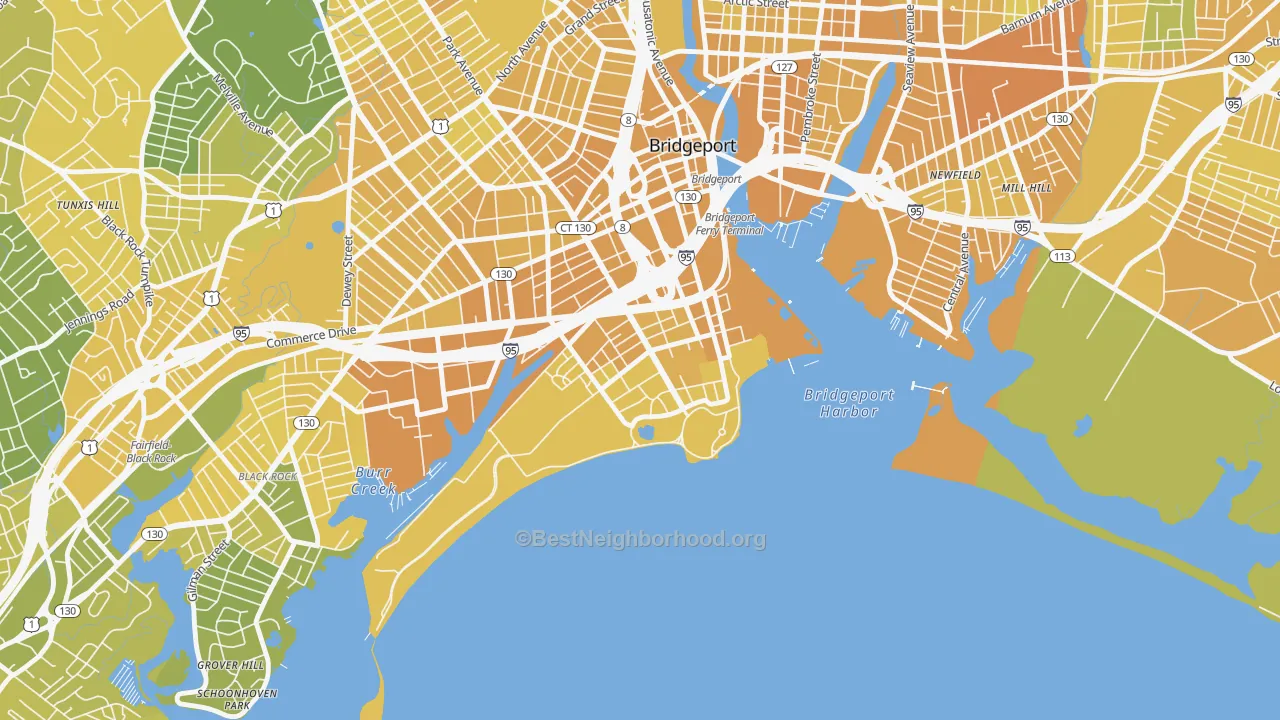 Map of the best neighborhoods in the South End, Bridgeport area, with better matches in green and worse matches in red