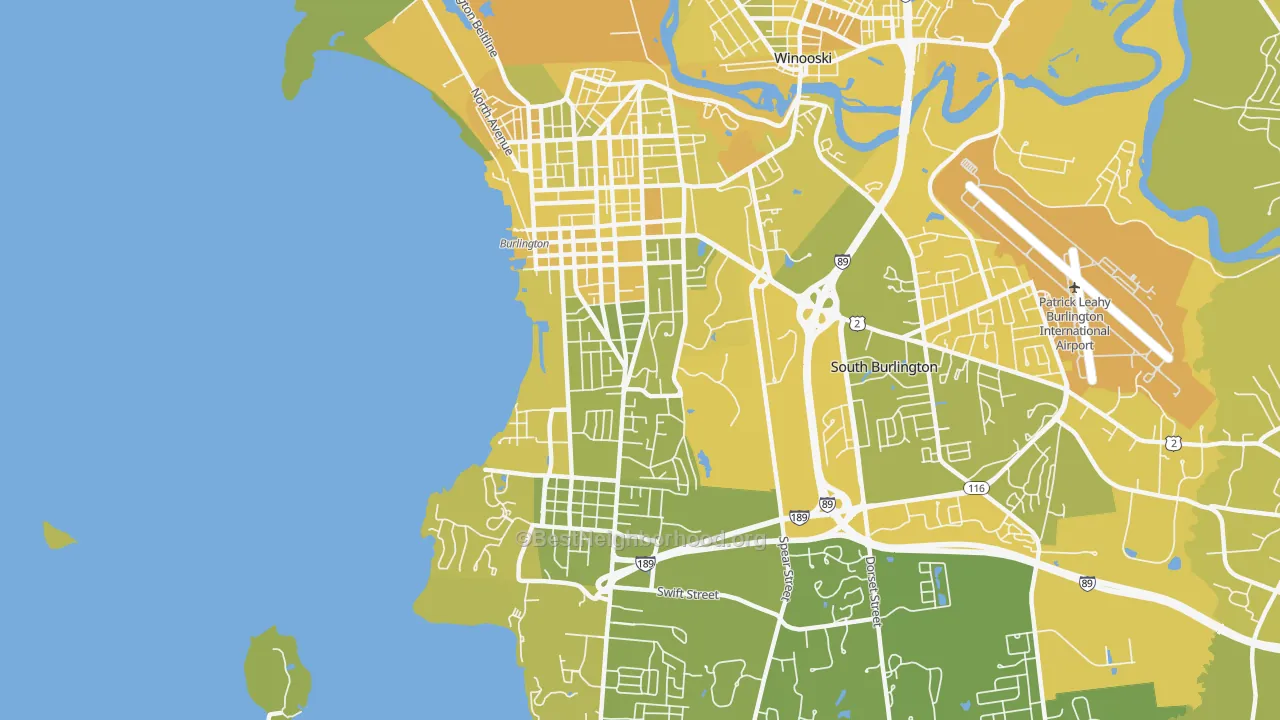 Map of the best neighborhoods in the South End, Burlington area, with better matches in green and worse matches in red