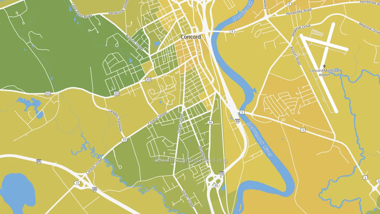 Map of the best neighborhoods in the South End, Concord area, with better matches in green and worse matches in red