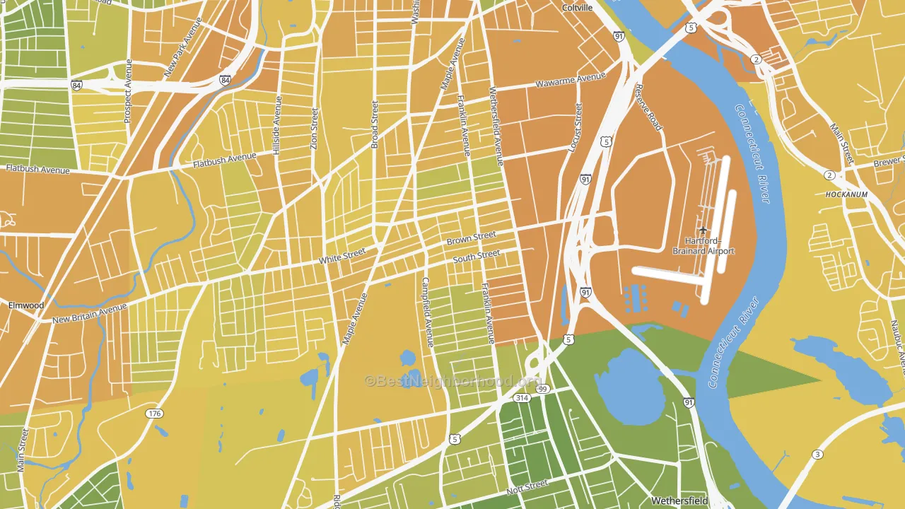 Map of the best neighborhoods in the South End Hartford, Hartford area, with better matches in green and worse matches in red