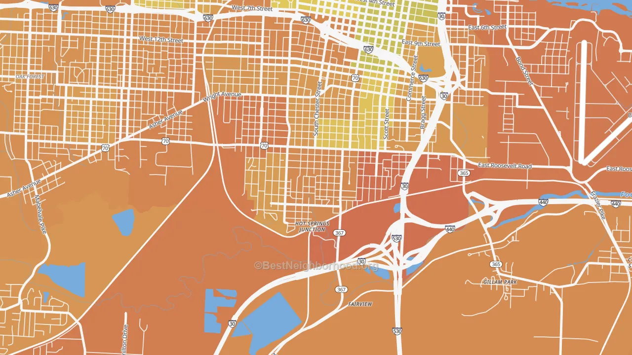 Map of the best neighborhoods in the South End, Little Rock area, with better matches in green and worse matches in red