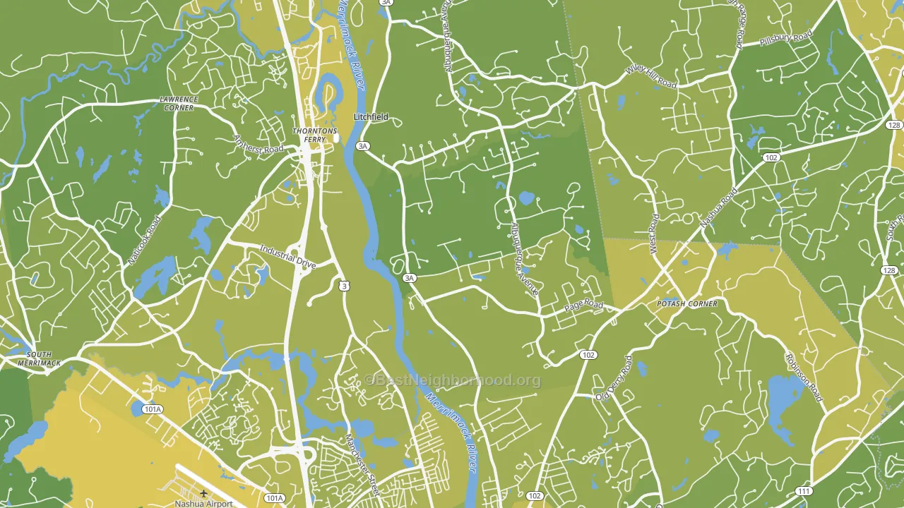 Map of the best neighborhoods in the South End, Nashua area, with better matches in green and worse matches in red