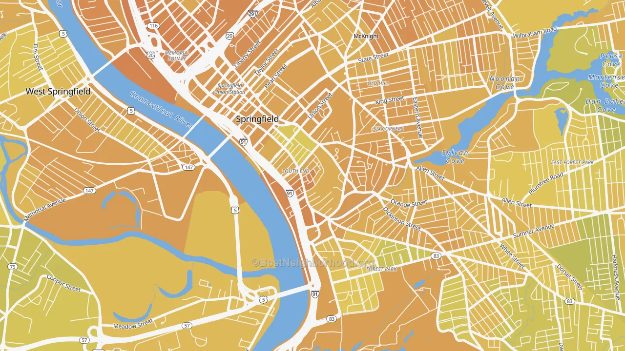 Map of the best neighborhoods in the South End Springfield, Springfield area, with better matches in green and worse matches in red