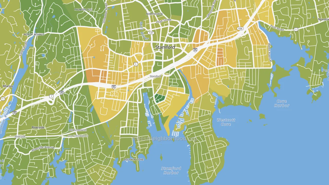 Map of the best neighborhoods in the South End Stamford, Stamford area, with better matches in green and worse matches in red