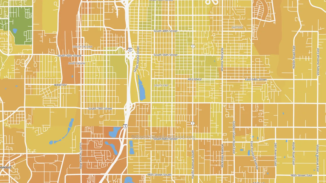 Map of the best neighborhoods in the South End, Tacoma area, with better matches in green and worse matches in red