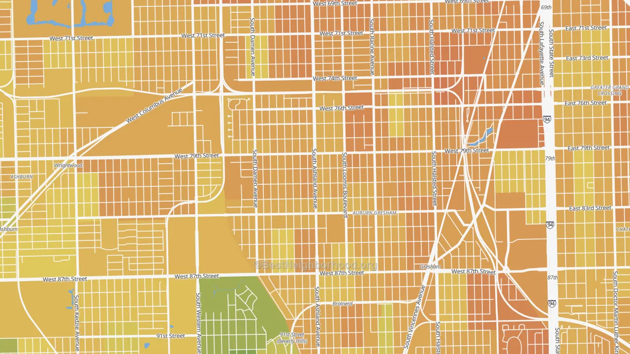Map of the best neighborhoods in the South Englewood, Chicago area, with better matches in green and worse matches in red