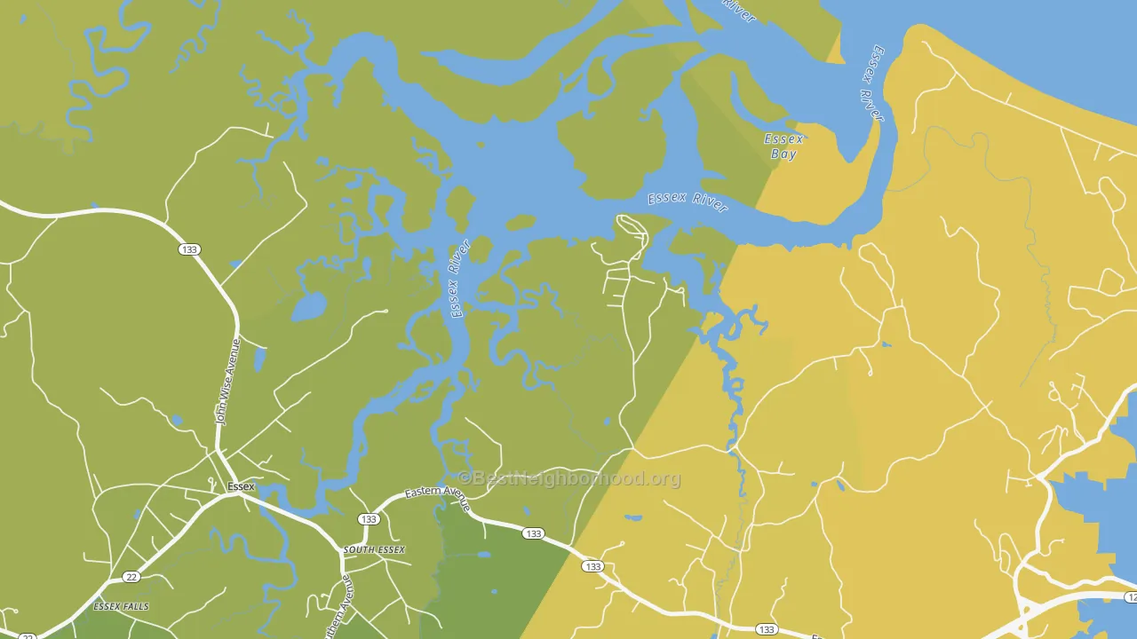 Map of the best neighborhoods in the South Essex area, with better matches in green and worse matches in red