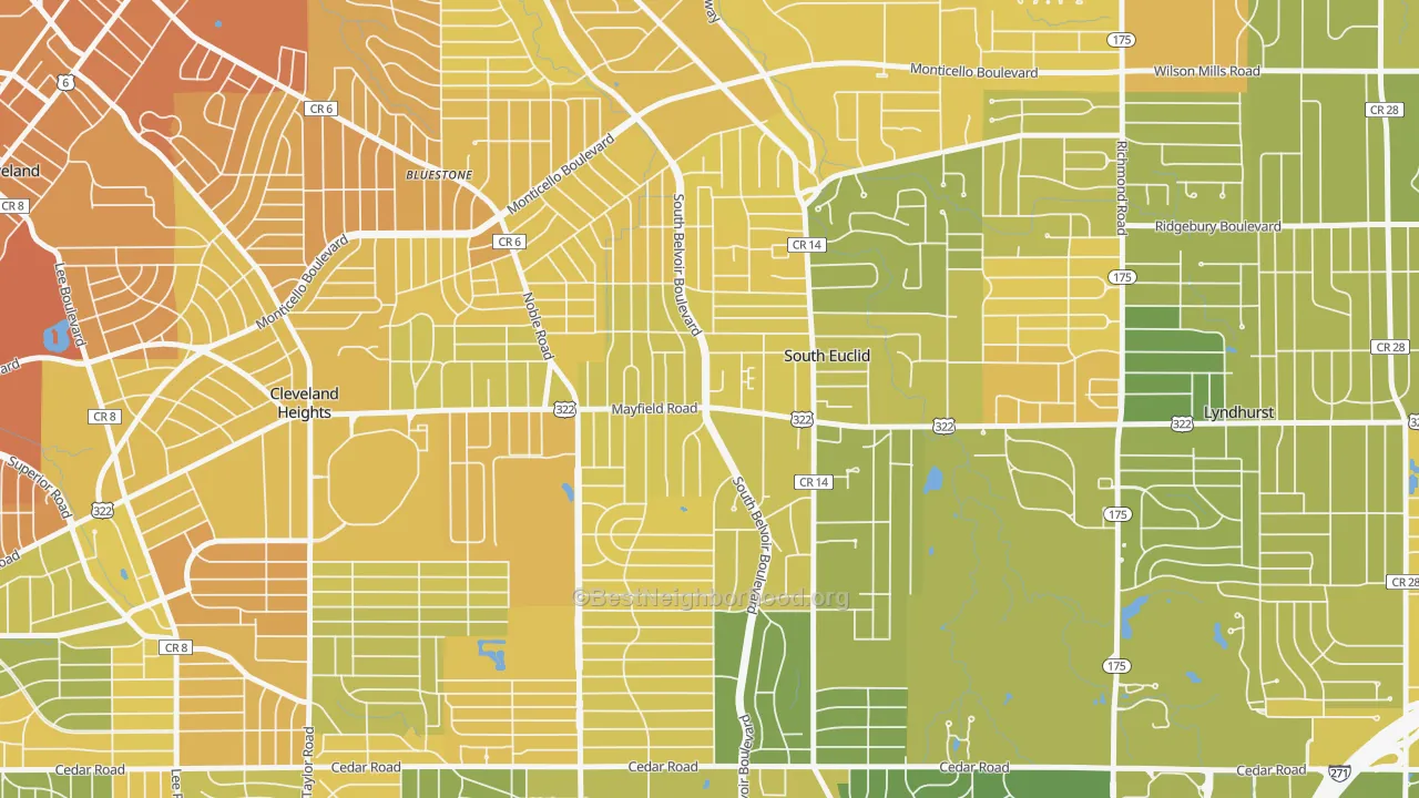 Map of the best neighborhoods in the South Euclid area, with better matches in green and worse matches in red