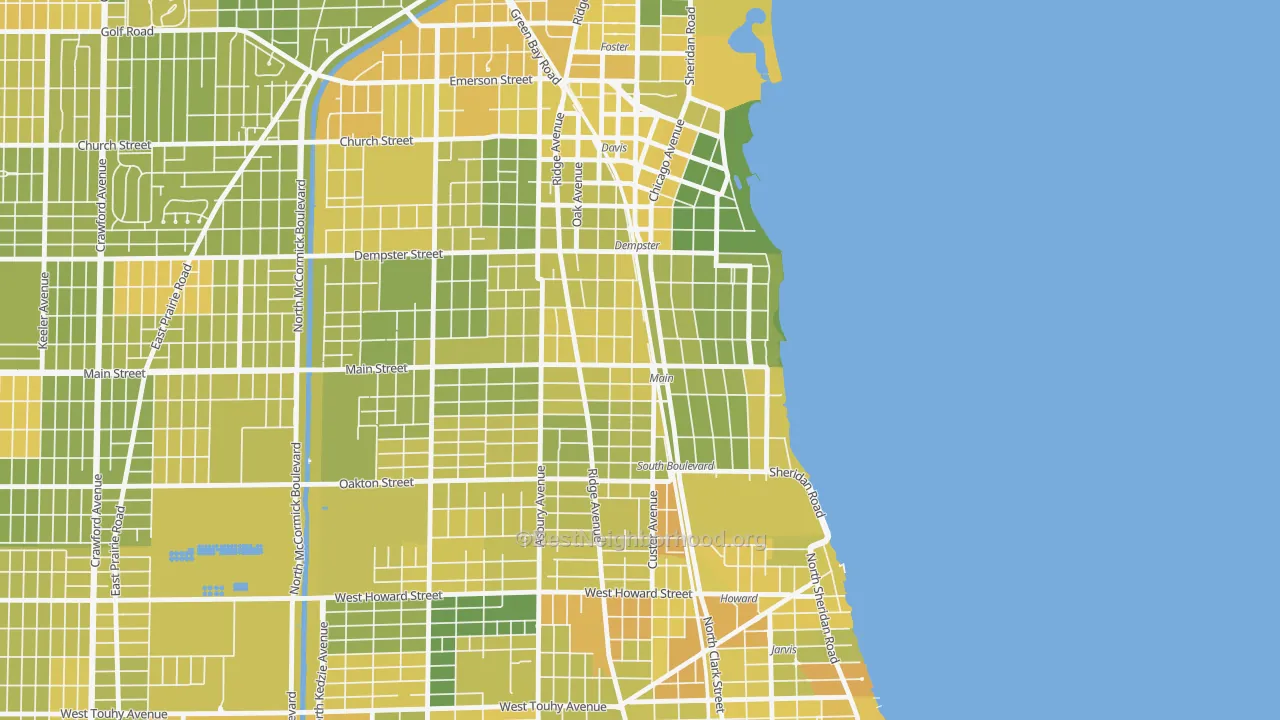 Map of the best neighborhoods in the South Evanston, Evanston area, with better matches in green and worse matches in red