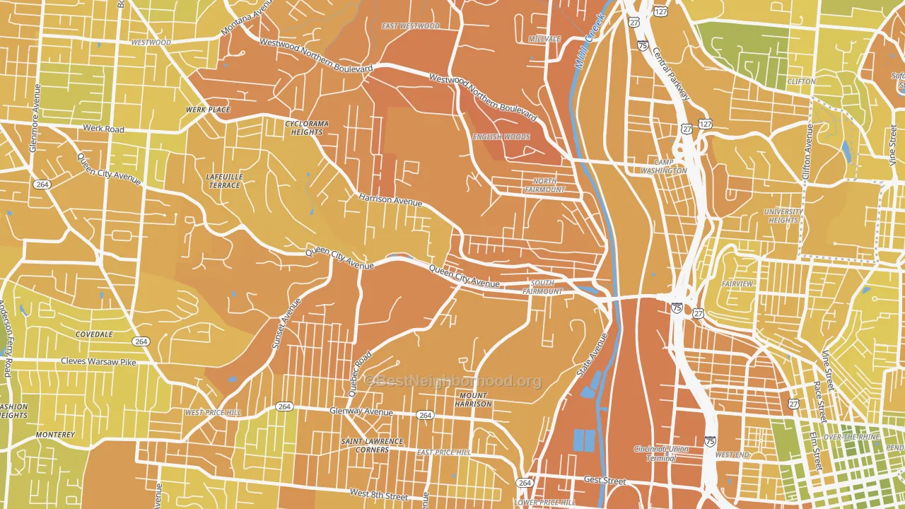 Map of the best neighborhoods in the South Fairmount, Cincinnati area, with better matches in green and worse matches in red