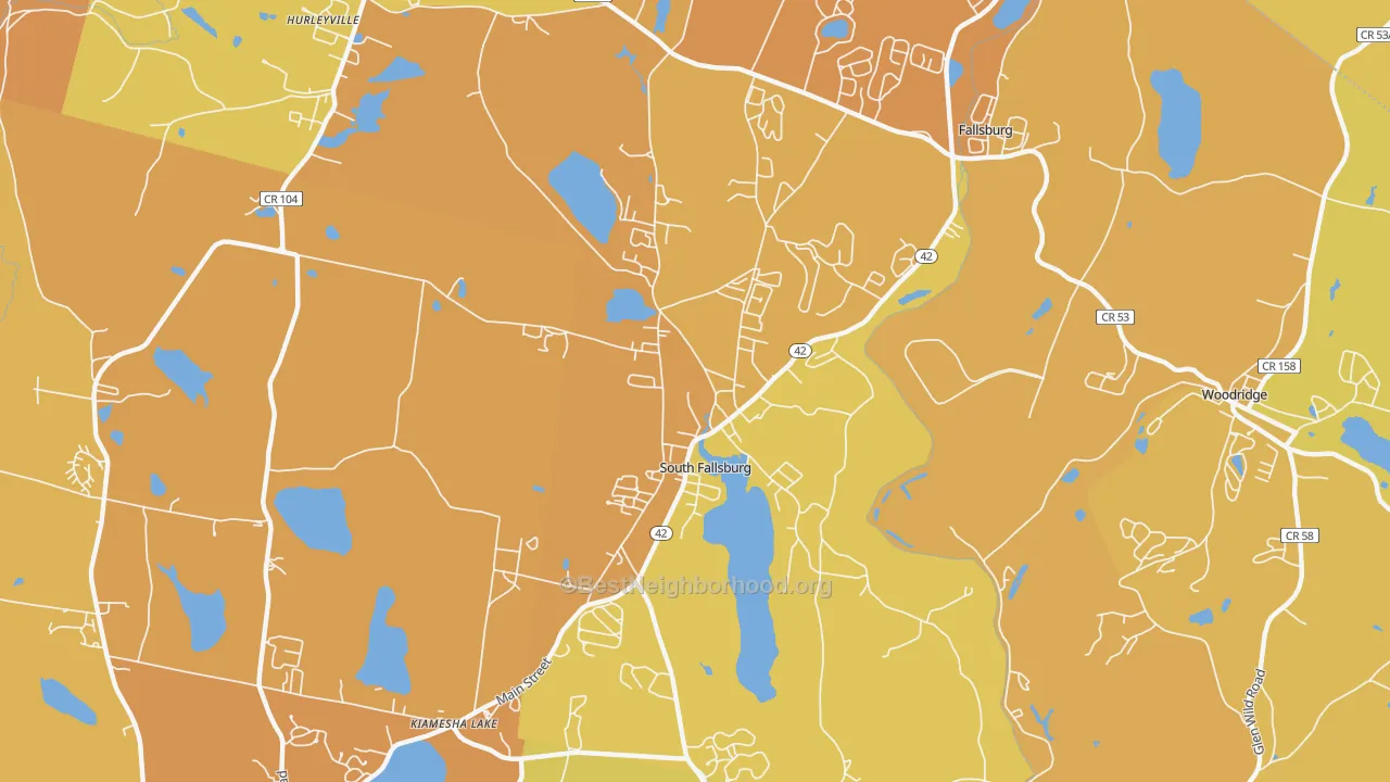 Map of the best neighborhoods in the South Fallsburg area, with better matches in green and worse matches in red