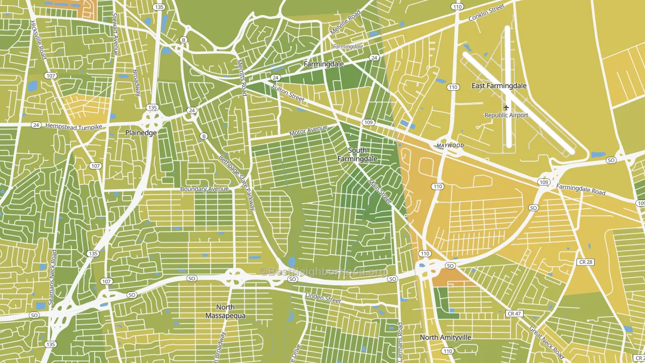 Map of the best neighborhoods in the South Farmingdale area, with better matches in green and worse matches in red