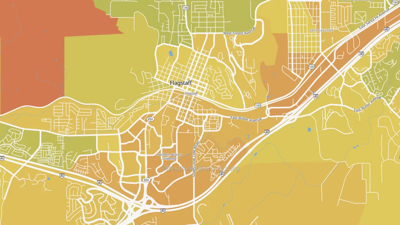 Map of the best neighborhoods in the South Flagstaff, Flagstaff area, with better matches in green and worse matches in red