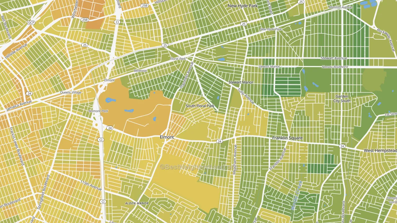 Map of the best neighborhoods in the South Floral Park area, with better matches in green and worse matches in red