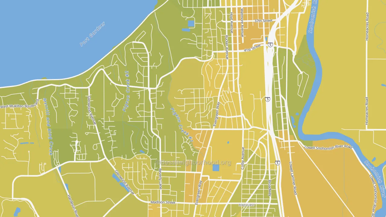 Map of the best neighborhoods in the South Forest Park, Everett area, with better matches in green and worse matches in red