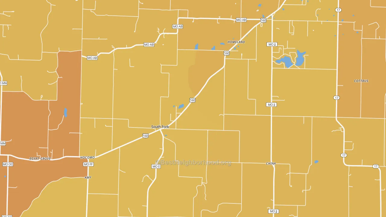 Map of the best neighborhoods in the South Fork area, with better matches in green and worse matches in red
