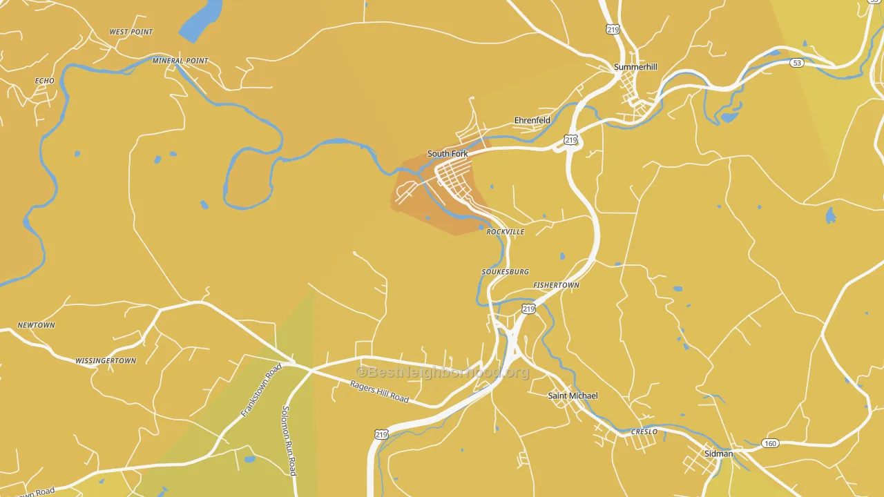 Map of the best neighborhoods in the South Fork area, with better matches in green and worse matches in red