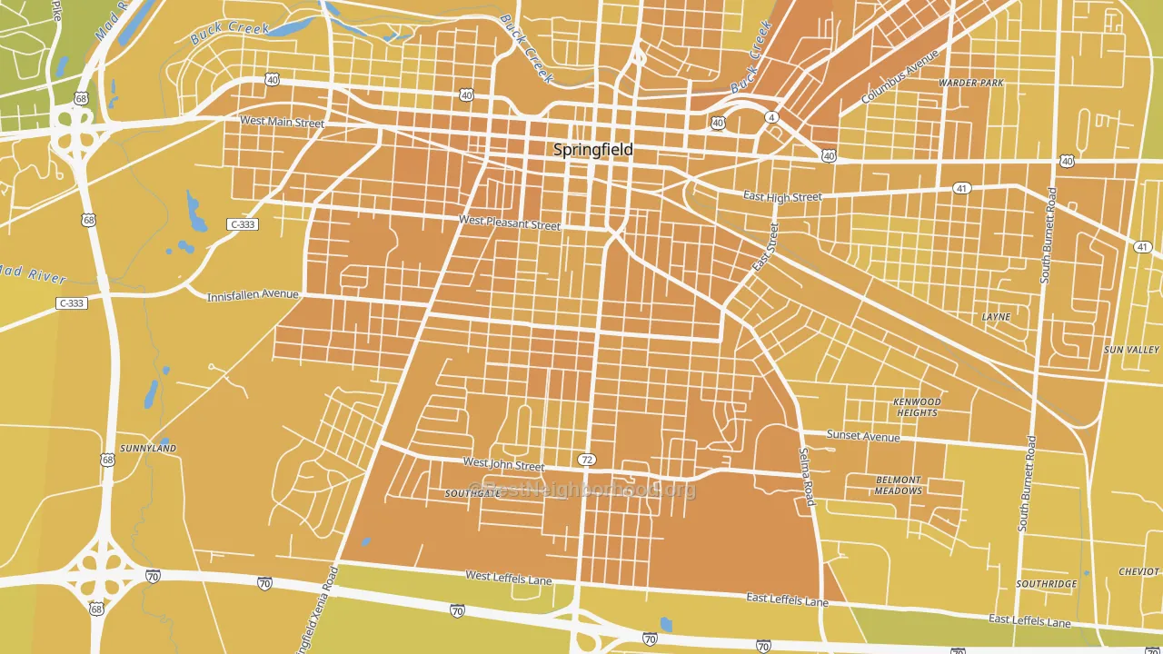 Map of the best neighborhoods in the South Fountain Avenue Historic District, Springfield area, with better matches in green and worse matches in red
