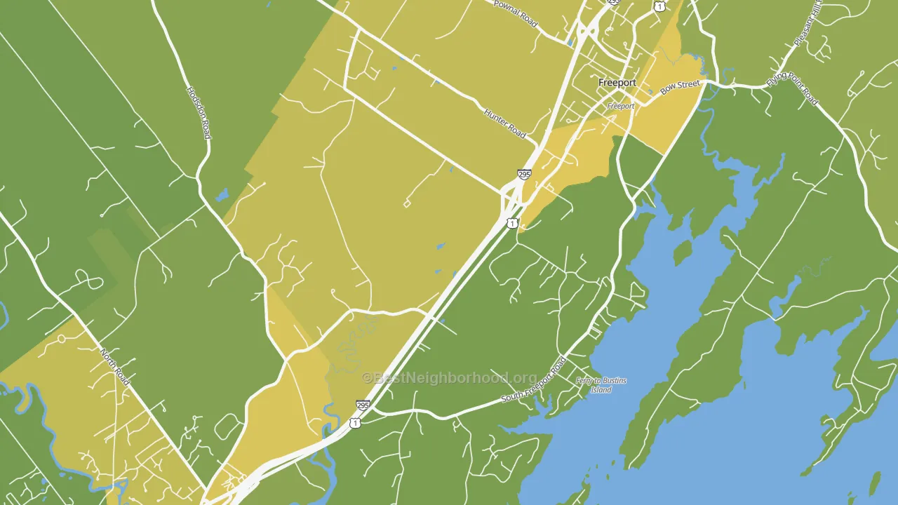 Map of the best neighborhoods in the South Freeport area, with better matches in green and worse matches in red