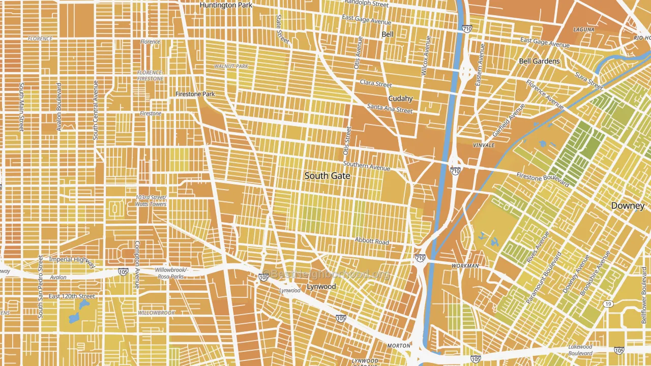 Map of the best neighborhoods in the South Gate area, with better matches in green and worse matches in red