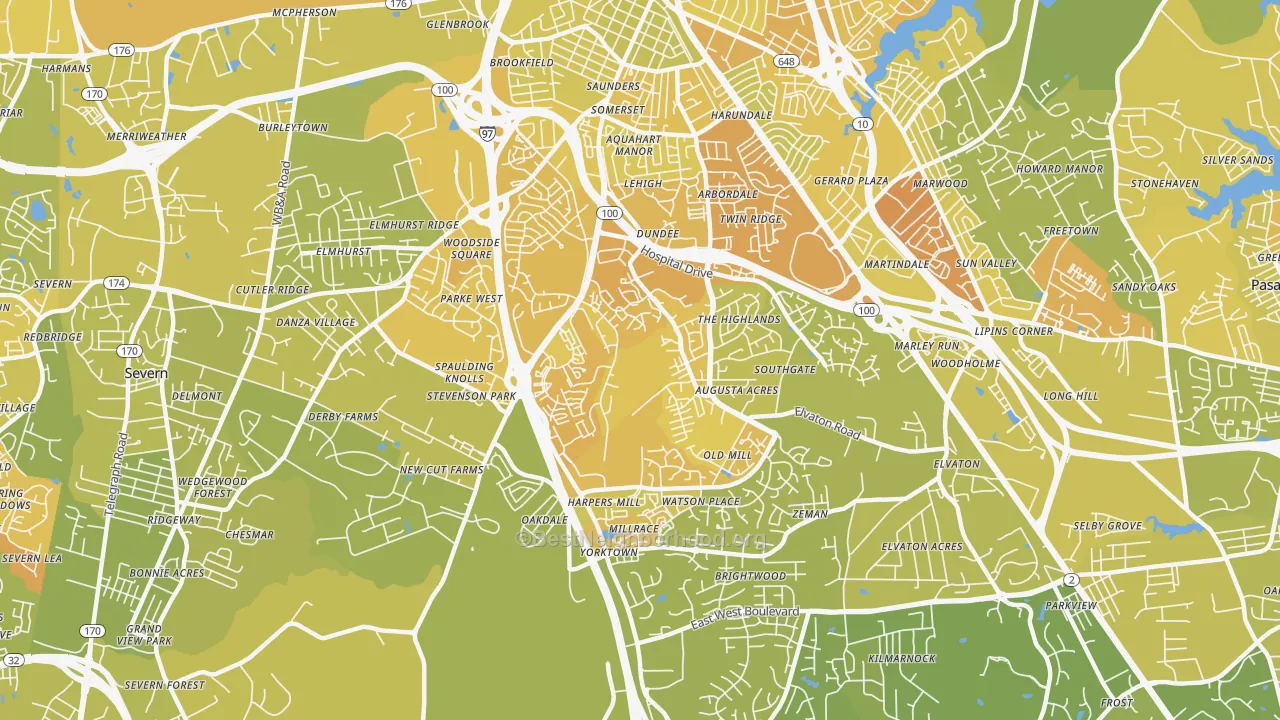 Map of the best neighborhoods in the South Gate, Glen Burnie area, with better matches in green and worse matches in red
