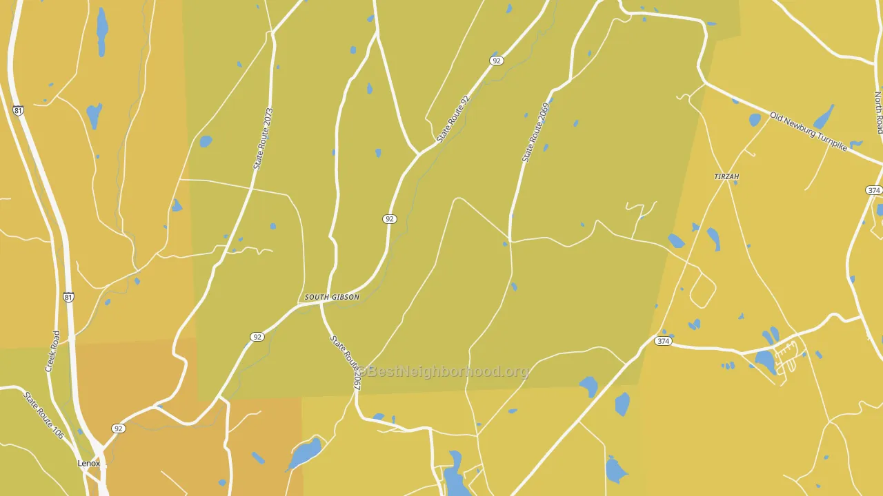 Map of the best neighborhoods in the South Gibson area, with better matches in green and worse matches in red