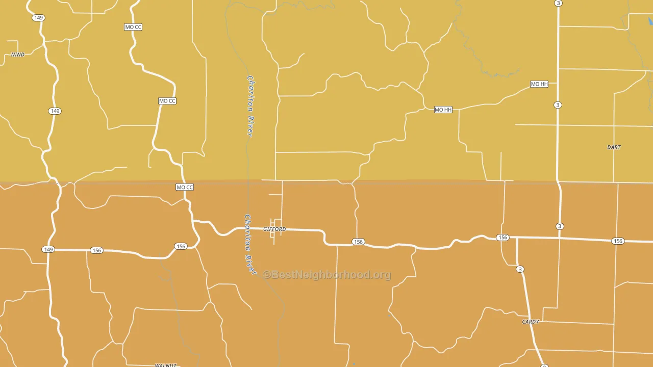 Map of the best neighborhoods in the South Gifford area, with better matches in green and worse matches in red