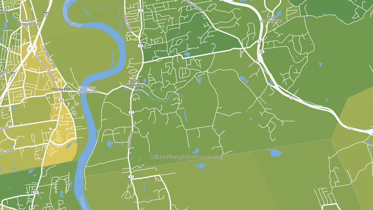 Map of the best neighborhoods in the South Glastonbury area, with better matches in green and worse matches in red