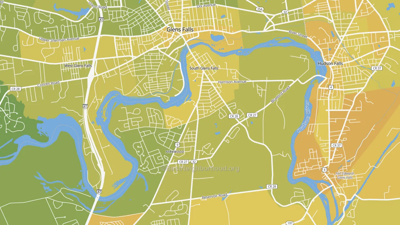 Map of the best neighborhoods in the South Glens Falls area, with better matches in green and worse matches in red