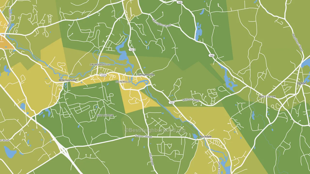 Map of the best neighborhoods in the South Grafton area, with better matches in green and worse matches in red