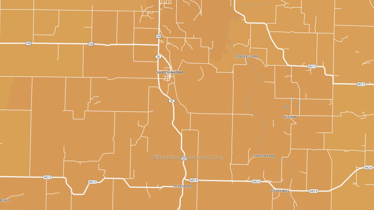 Map of the best neighborhoods in the South Greenfield area, with better matches in green and worse matches in red