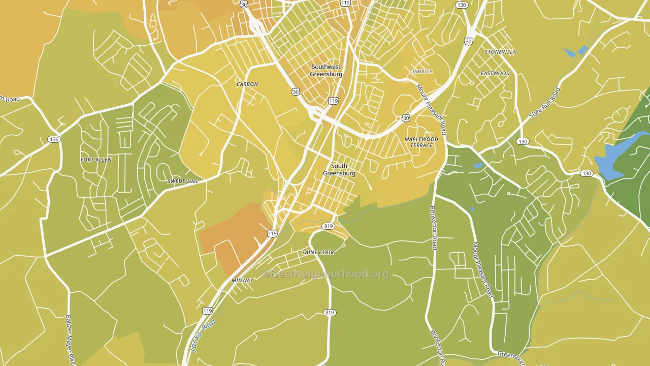 Map of the best neighborhoods in the South Greensburg area, with better matches in green and worse matches in red