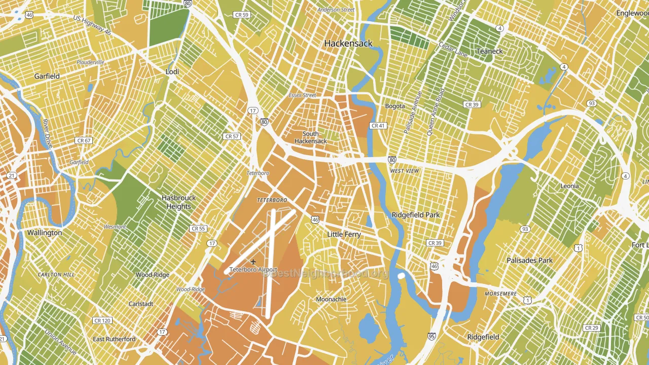 Map of the best neighborhoods in the South Hackensack area, with better matches in green and worse matches in red