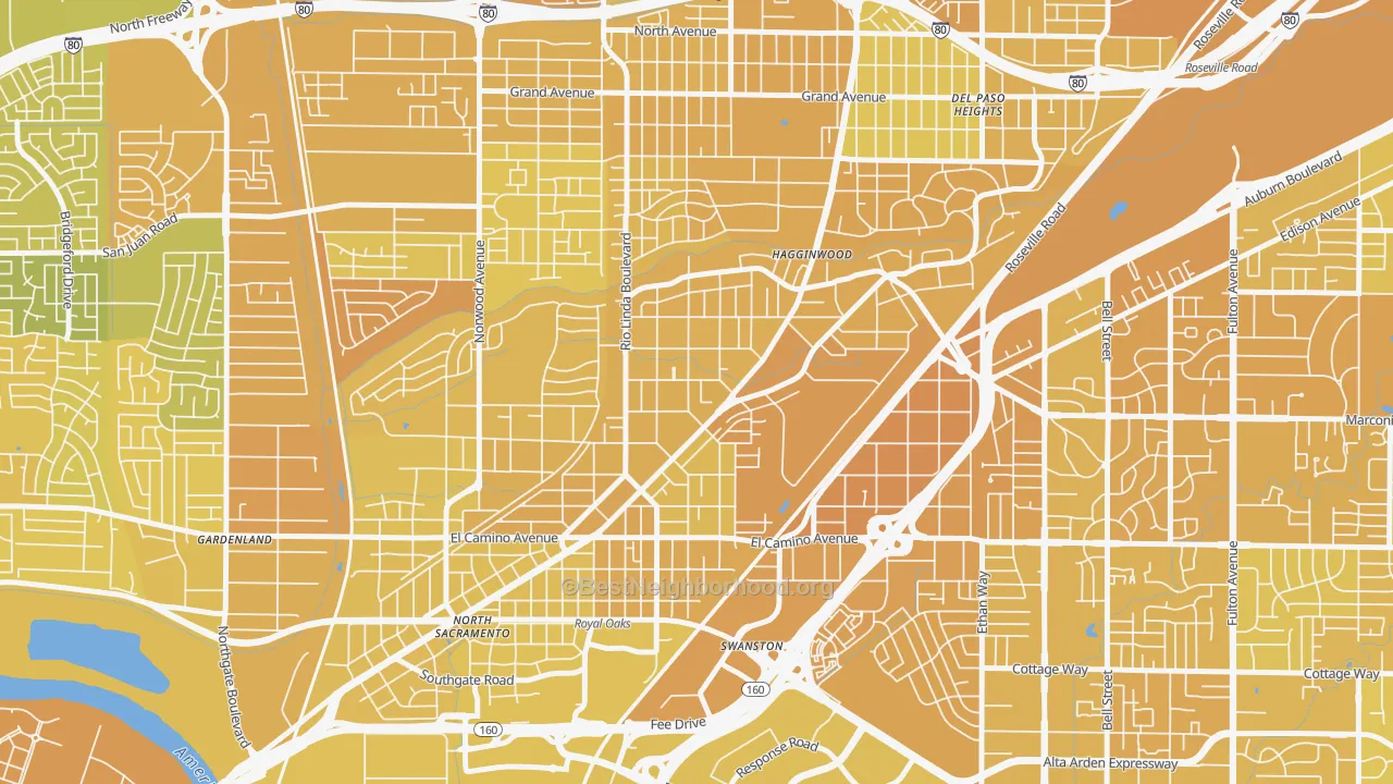Map of the best neighborhoods in the South Hagginwood, Sacramento area, with better matches in green and worse matches in red