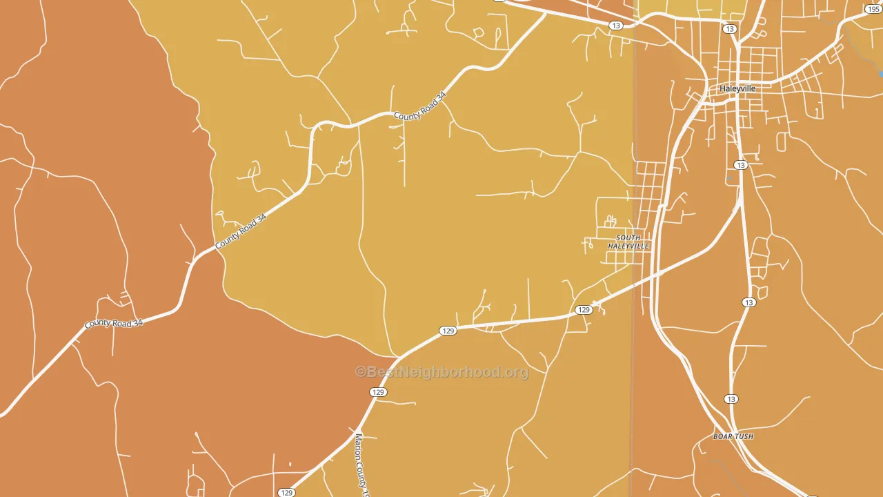 Map of the best neighborhoods in the South Haleyville area, with better matches in green and worse matches in red