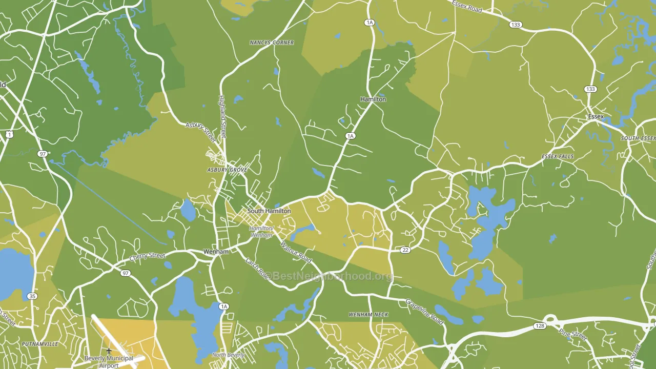 Map of the best neighborhoods in the South Hamilton area, with better matches in green and worse matches in red