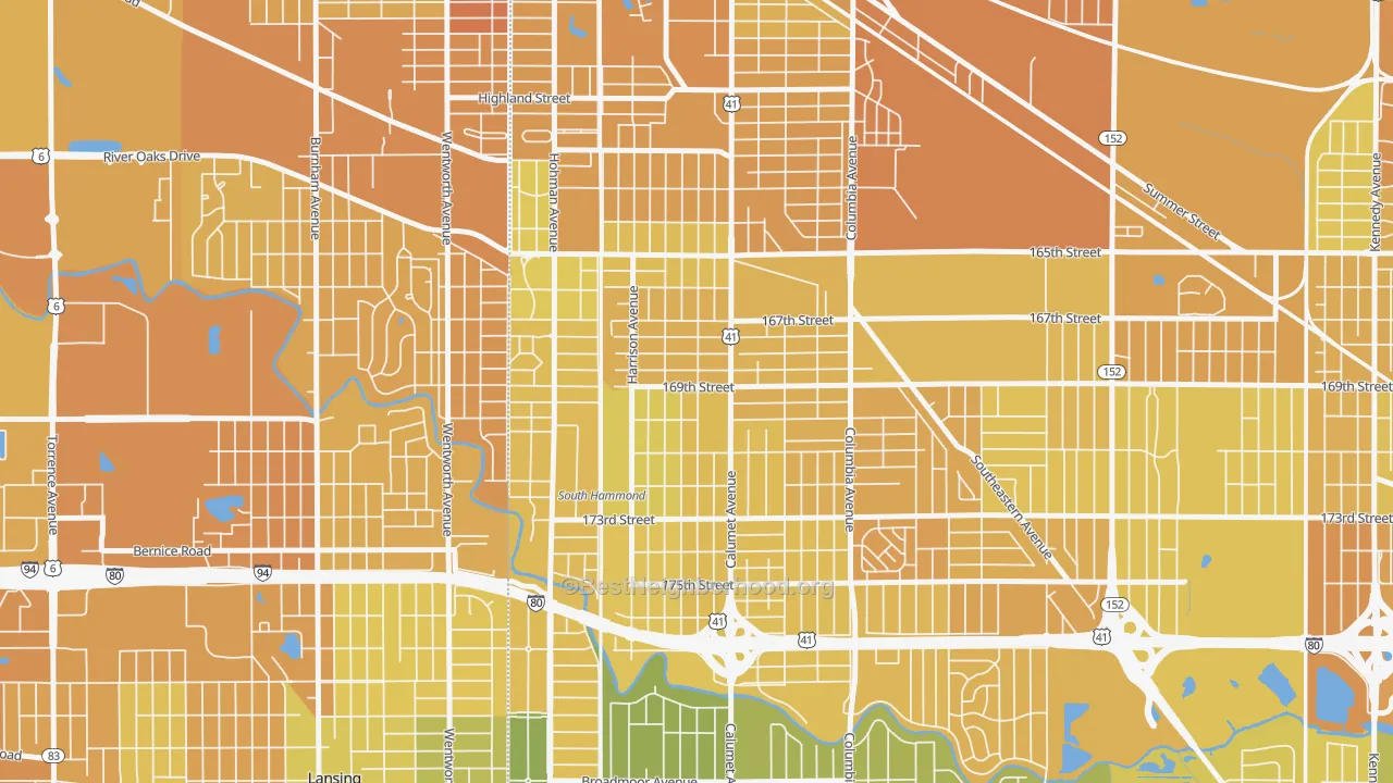 Map of the best neighborhoods in the South Hammond, Hammond area, with better matches in green and worse matches in red