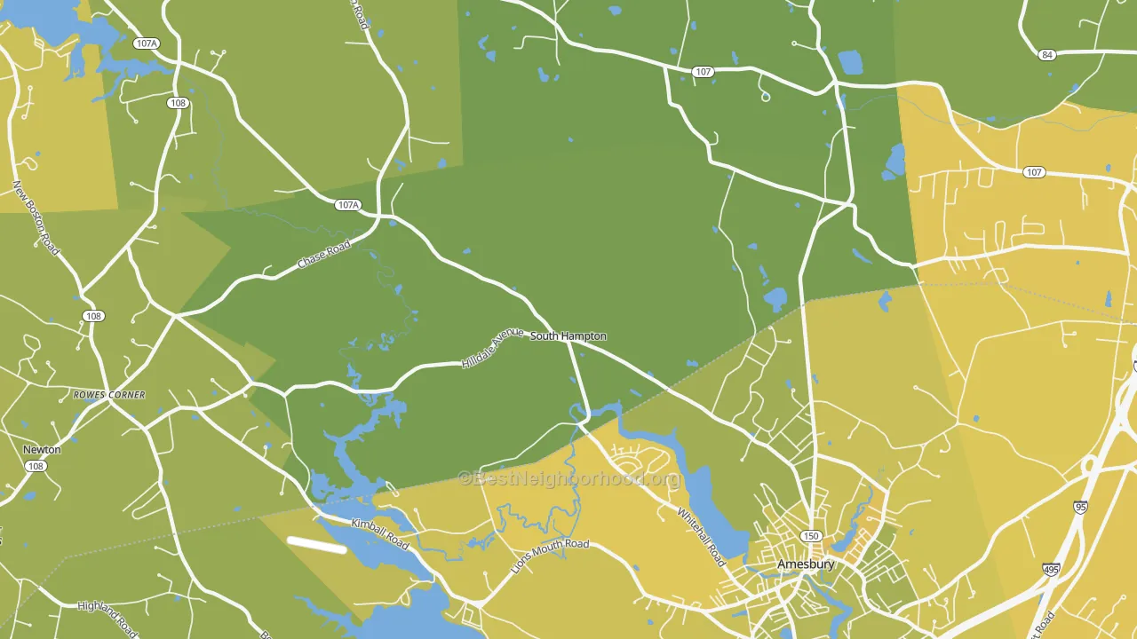 Map of the best neighborhoods in the South Hampton area, with better matches in green and worse matches in red