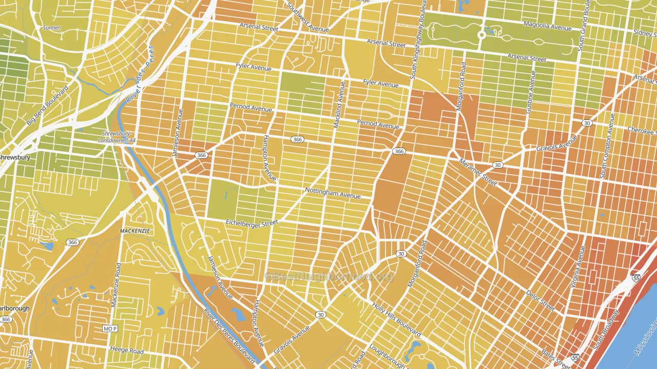 Map of the best neighborhoods in the South Hampton, St. Louis area, with better matches in green and worse matches in red