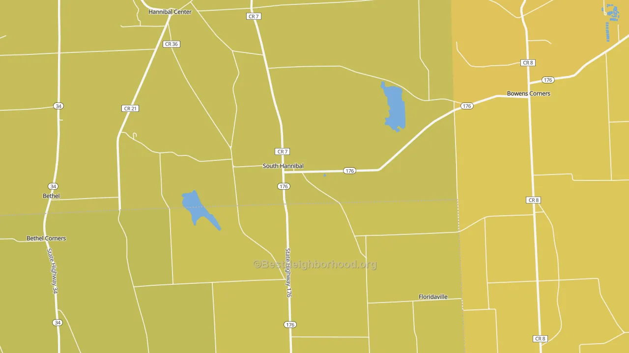 Map of the best neighborhoods in the South Hannibal area, with better matches in green and worse matches in red
