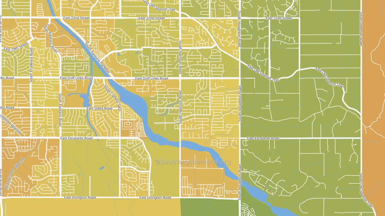 Map of the best neighborhoods in the South Harrison, Tucson area, with better matches in green and worse matches in red