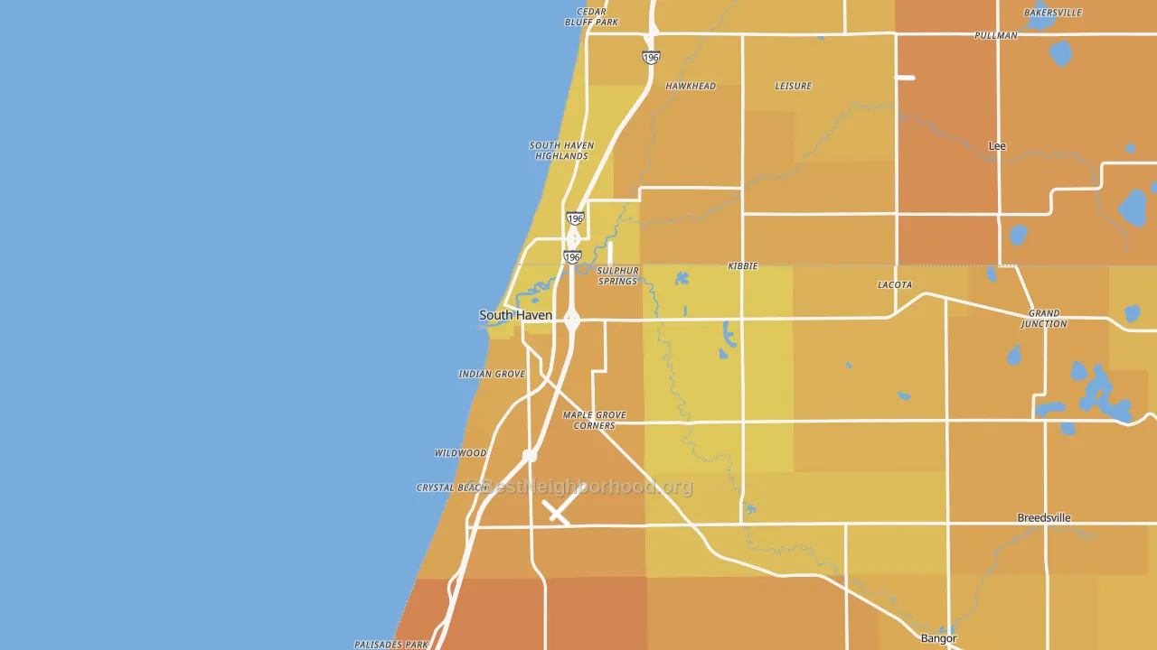 Map of the best neighborhoods in the South Haven area, with better matches in green and worse matches in red