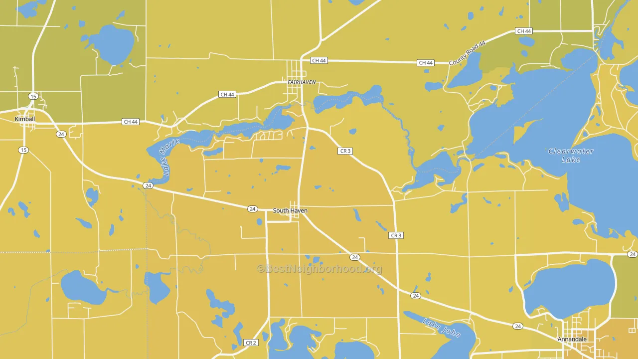 Map of the best neighborhoods in the South Haven area, with better matches in green and worse matches in red