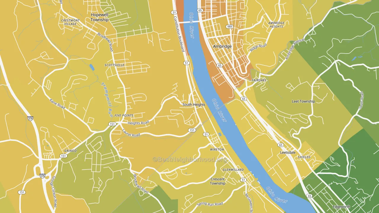 Map of the best neighborhoods in the South Heights area, with better matches in green and worse matches in red