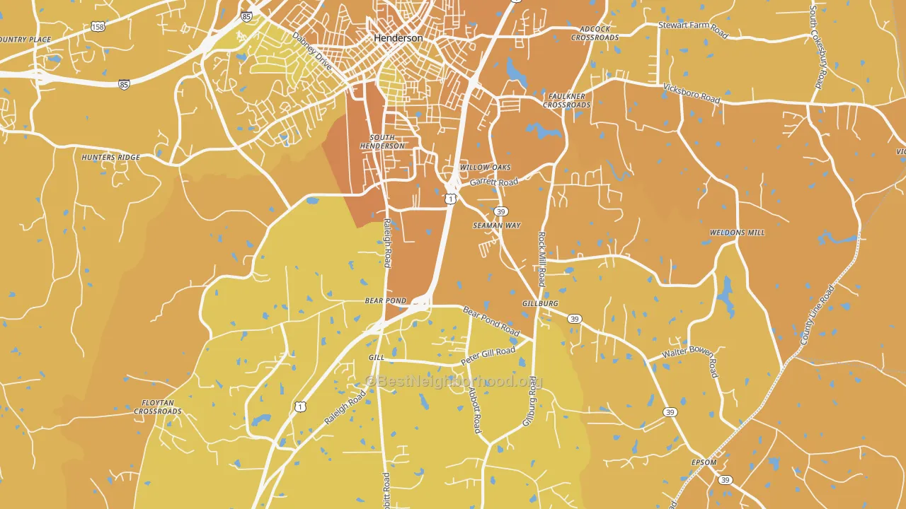 Map of the best neighborhoods in the South Henderson area, with better matches in green and worse matches in red