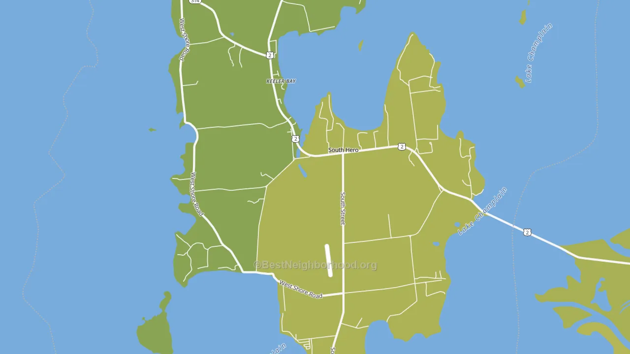 Map of the best neighborhoods in the South Hero area, with better matches in green and worse matches in red