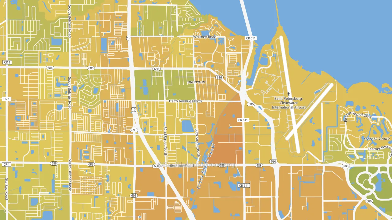 Map of the best neighborhoods in the South Highpoint area, with better matches in green and worse matches in red